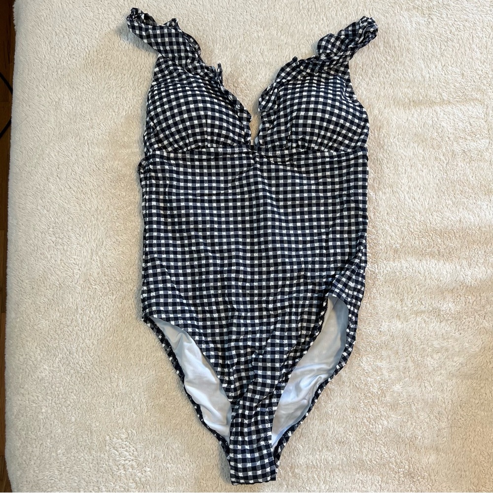 NWT J Crew gingham one pice swimsuit. Size 12. Navy/white